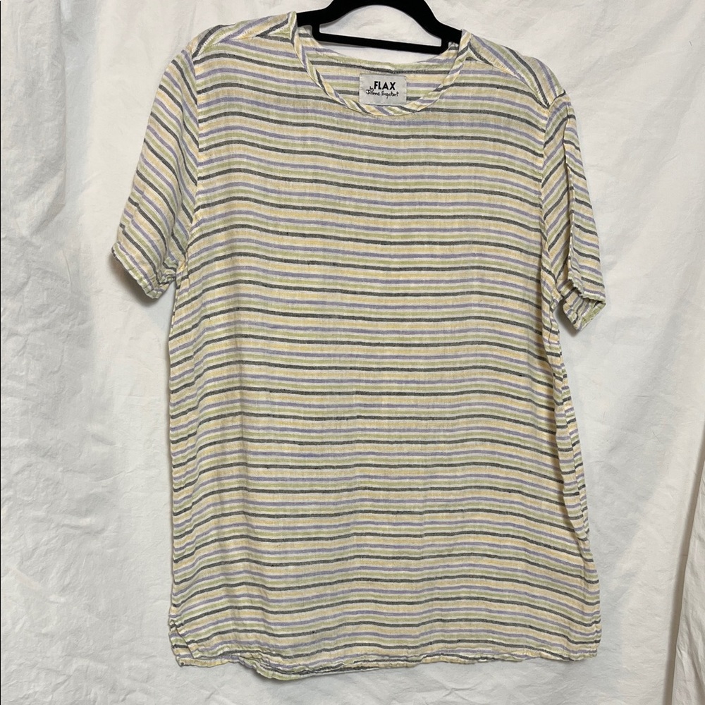 Flax Green, Blue & Pale Yellow Striped Short Sleeve Shirt Size Small